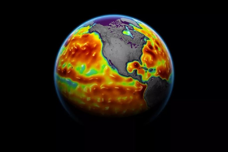 В областях красного и оранжевого цвета уровень воды поднялся в июне 2021 года на 10-15 см выше обычного. Фото: NASA Earth Observatory / Joshua Stevens