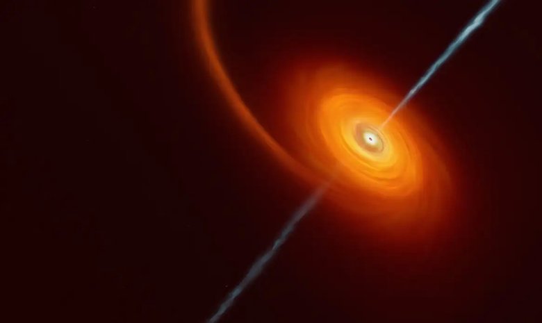Иллюстрация черной дыры, окруженной перегретым веществом от разрушенной звезды и извергающей релятивистские струи. Фото: ESO/M.Kornmesser