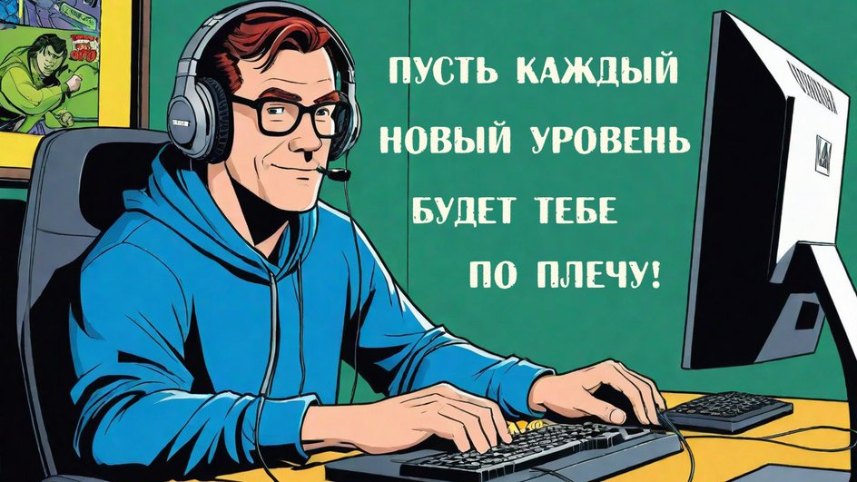 Мужчина сидит за компьютером и надпись "Пусть каждый новый уровень будет тебе по плечу!"