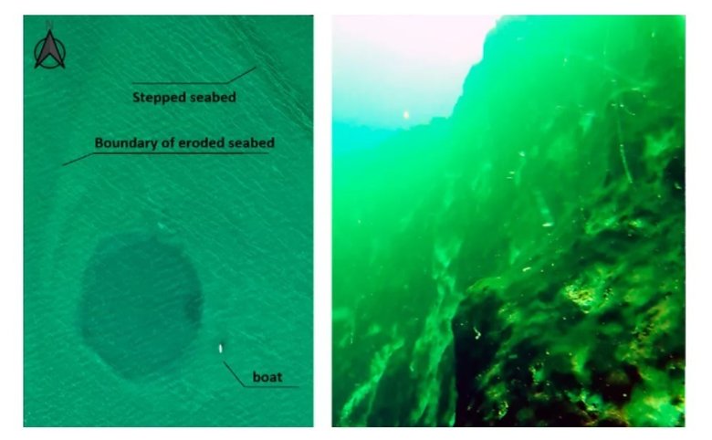 Снимок Таам Джа с высоты птичьего полета (слева). Подводный вид устья дыры (справа). Источник: Frontiers in Marine Science