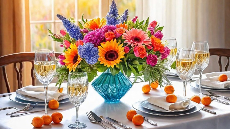 Сервированный стол, на котором разбросаны мандарины и стоят цветы в вазе.