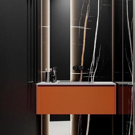Яркий акцент: 7 красивых ванных комнат с цветной тумбой под раковину