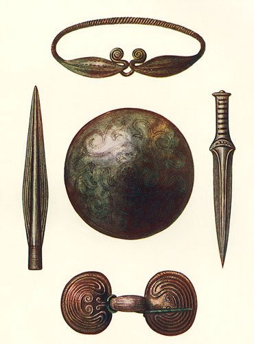 Браслет, копье, щит, кинжал, пряжка. Обработанный металл. 2000 год до н.э.