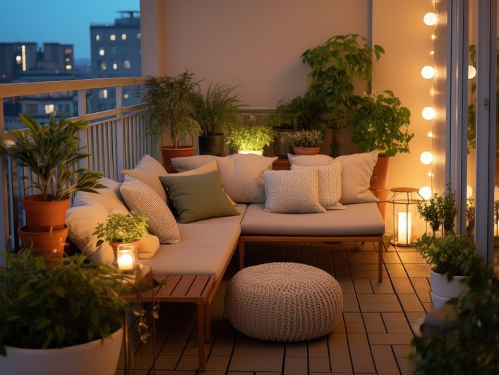 Гостиная на лоджии со светлым угловым диваном, растениями и фонариками