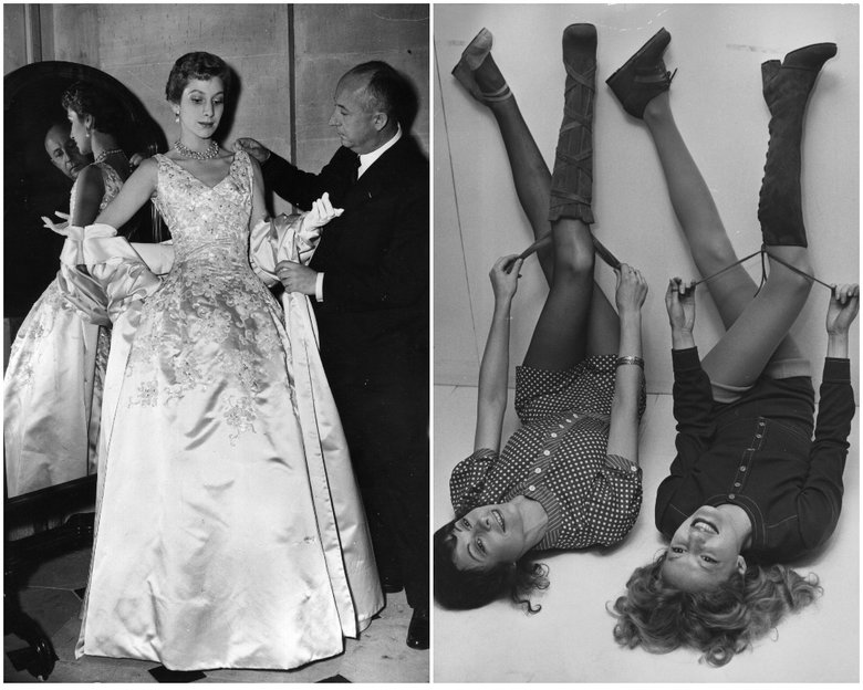 Кристиан Диор с моделью, 1950 год. Модели в вещах бренда Mary Quant, 1960-е годы. 