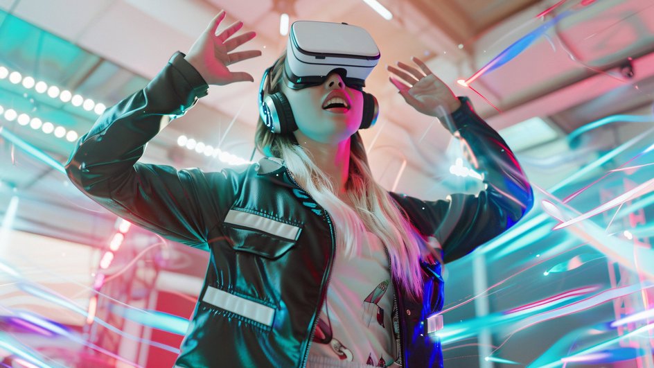 девушка с VR-шлемом девушка с VR-шлемом