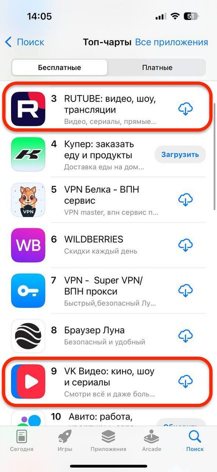 RUTUBE и VK Видео в топ App Store.