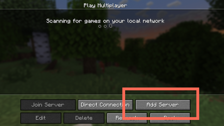 Окно «Сетевая игра» в Minecraft с кнопкой Add Server Окно «Сетевая игра» в Minecraft с кнопкой Add Server