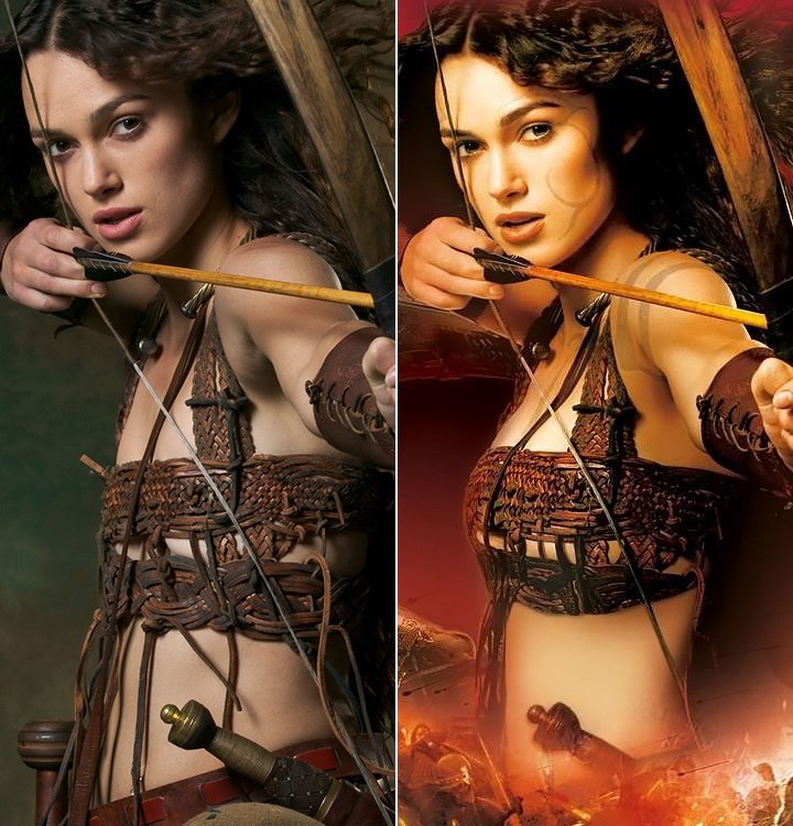 Чудеса работы ретушеров возмущали Киру и раньше (слева — кадр из промо-фотосессии к фильму «Король Артур», 2004 г., без ретуши; справа — он же после обработки)
