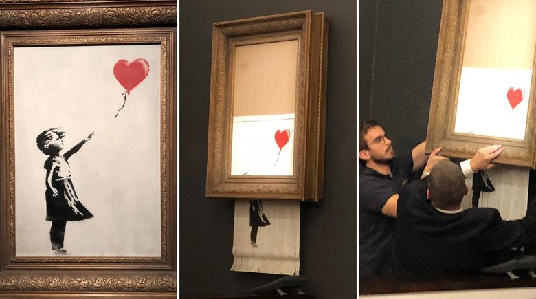 «Девочка с красным шаром», известная картина британского художника Бэнкси, самоуничтожилась сразу после продажи за миллион фунтов на аукционе «Сотбис», 6 сентября 2018 года. Фото: Сasterline Goodman Gallery/Sotheby