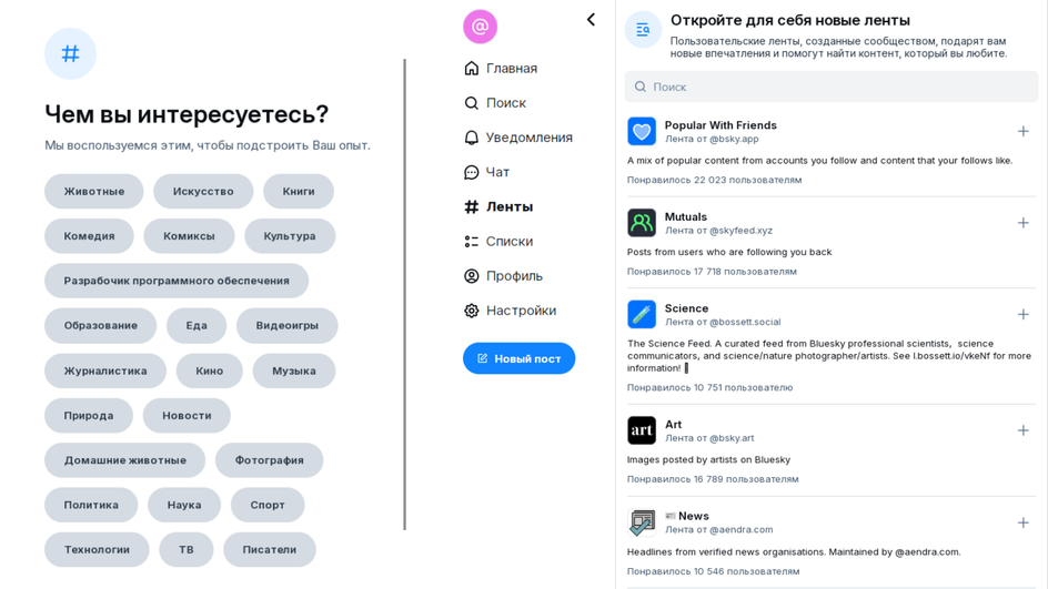 скриншот страницы выбора тем новостей в Bluesky
