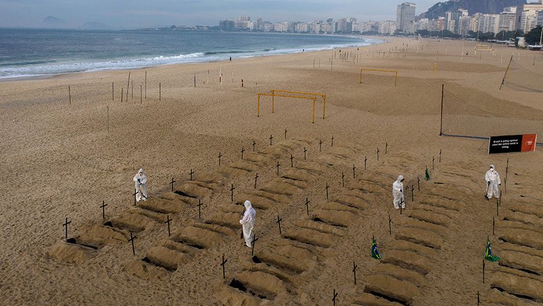 Активисты вырыли символические могилы на пляже Копакабана в знак протеста против действий властей из-за пандемии COVID-19, Бразилия