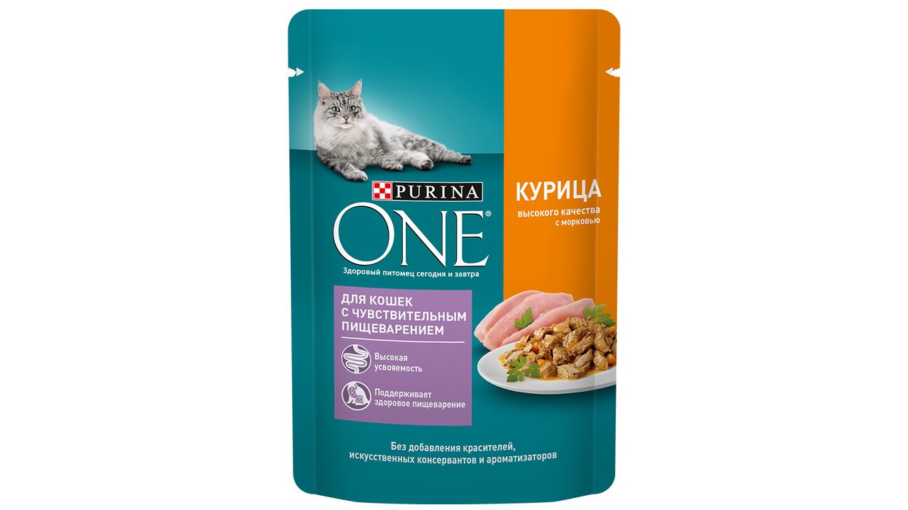 Корм консервированный Purina ONE®, курица с морковью, для кошек с чувствительным пищеварением