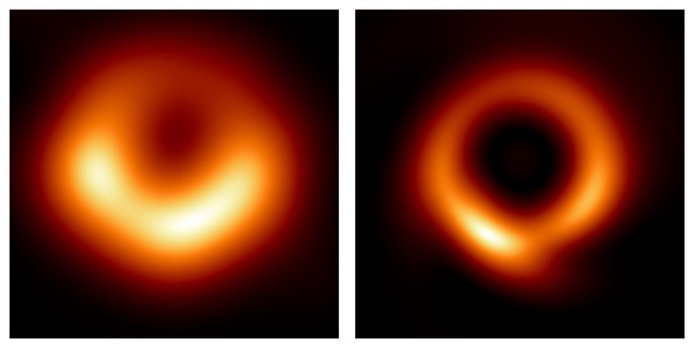 Фото сверхмассивной черной дыры в ядре галактики M 87, полученное с помощью телескопа EHT в 2019 году (слева); и новое изображение, сгенерированное алгоритмом PRIMO с использованием того же набора данных (справа). Фото: Medeiros et al. 2023