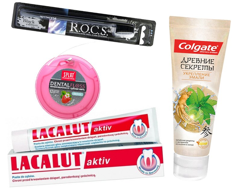 Зубная щетка, R.O.C.S.; зубная нить Dental Floss, Splat; зубная паста для укрепления эмали, Colgate; зубная паста Aktiv, Lacalut