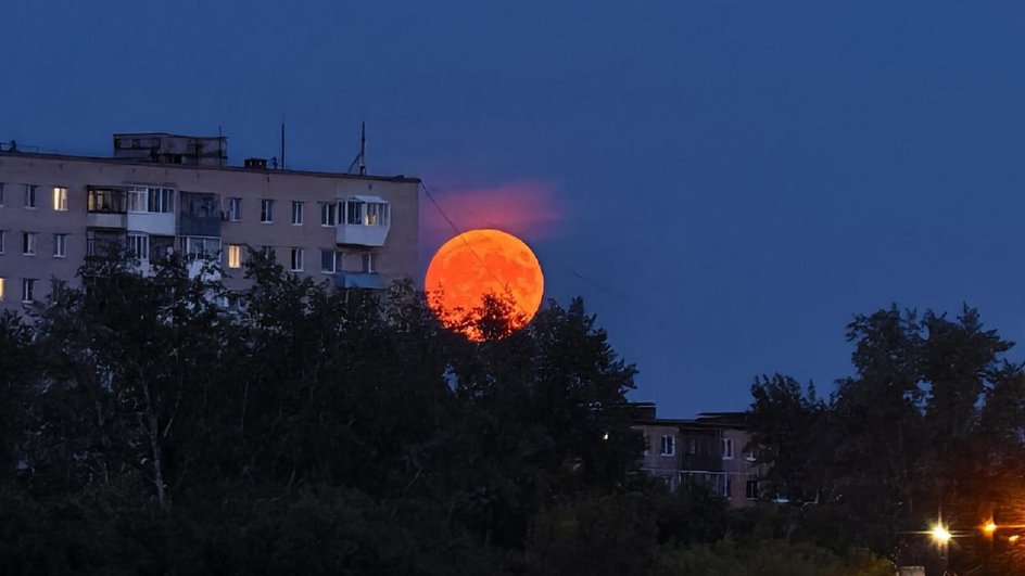 Клубничная Луна над домами Клубничная Луна над домами