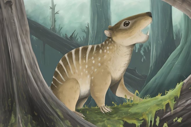 Вот как мог выглядеть Novaculadon mirabilis. Пятна и полосы — лишь предположение. Вероятно, это животное могло сидеть на одной руке. Длина нижней челюсти всего 16,5 мм, что всего на 4 мм длиннее, чем у мыши Вот как мог выглядеть Novaculadon mirabilis. Пятна и полосы — лишь предположение. Вероятно, это животное могло сидеть на одной руке. Длина нижней челюсти всего 16,5 мм, что всего на 4 мм длиннее, чем у мыши