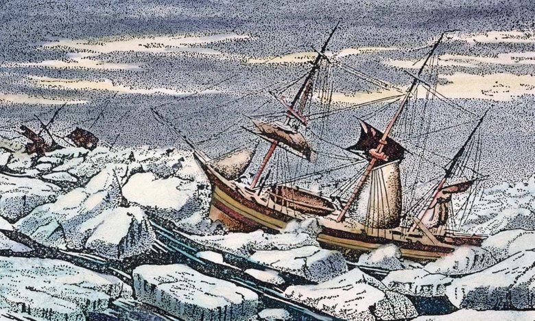 Картина, на которой изображены Terror и Erebus, зажатые во льдах. Фото: The Guardian