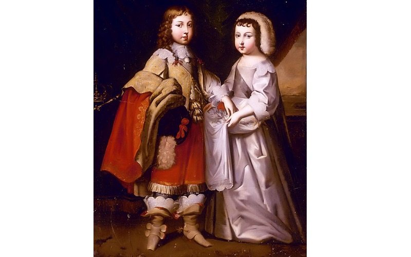 Портрет Людовика IV, уже в штанах, и его младшего брата в розовом платье (1640-е).