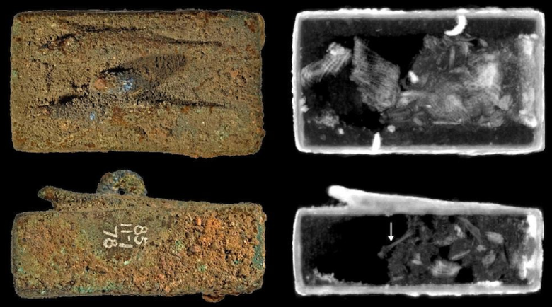 Один из ящиков украшен двумя фигурами ящериц (вид сверху и сбоку). Нейтронная томография показала текстильные фрагменты и кость (на них указывает стрелка). Фото: Nature