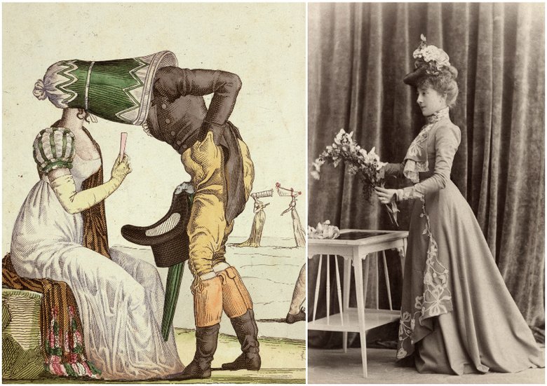Карикатура на дамские шляпки, 1824 год. Шляпка нового образца, обнажающая затылок и шею. 1895 год. 