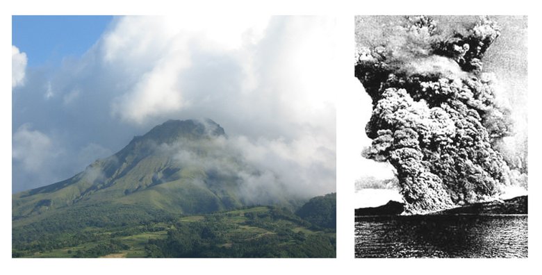1) Вулкан Мон-Пеле. Фото: wikimedia /Jmp48 (own work) / CC BY-SA 3.02) Извержение вулкана Мон-Пеле в мае 1902 года. Фото: wikimedia / общественное достояние / А.Яковлев «Жизнь Земли»