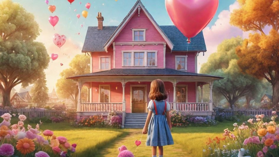 Картинка: девочка, дом, цветы, деревья, воздушные шарики в форме сердец.