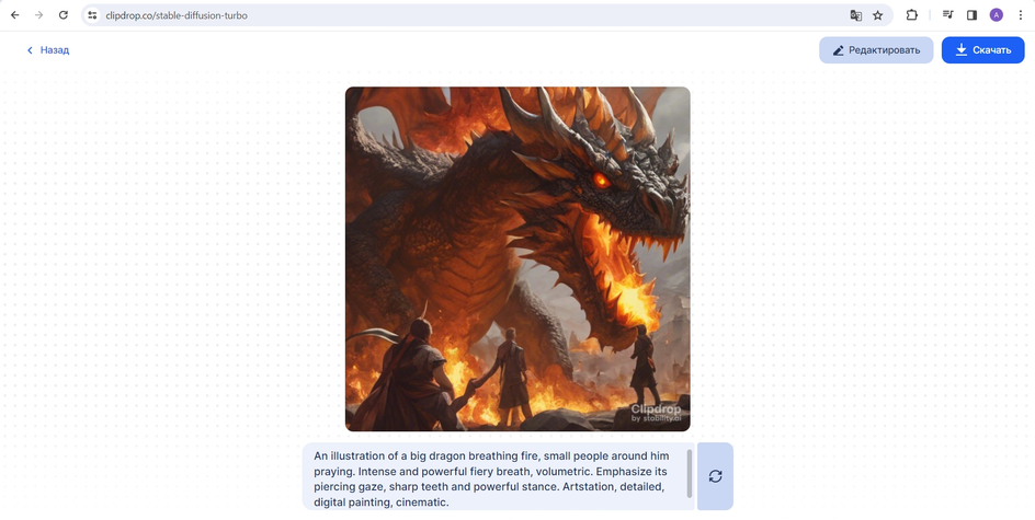 Результат генераций Stable Diffusion на версии SDXL Turbo: дракон дышит огнем, рядом напуганные люди