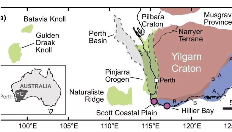Карта геологии Западной Австралии, показывающая расположение прибрежной равнины Скотта (Scott Coastal Plain). Возраст минералов этой равнины достигает 4 млрд лет, что свидетельствует о наличии древней коры, лежащей в основе этого региона. Фото: Droellner, et al. Terra Nova