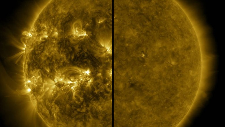 Сравнение Солнца во время солнечного максимума (слева) и солнечного минимума (справа).