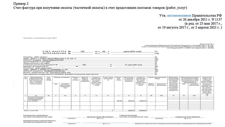 Образец счета-фактуры на аванс.