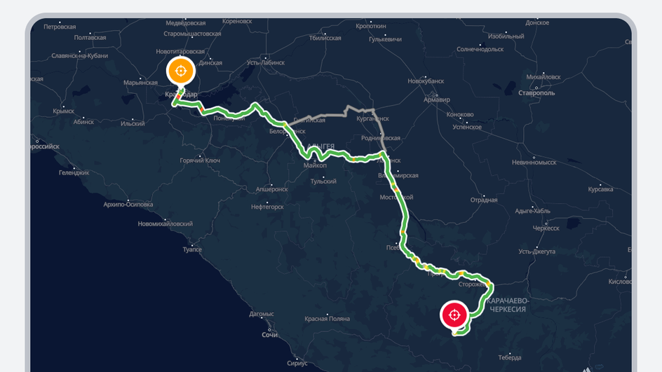 Маршрут в навигаторе из Краснодара в Архыз