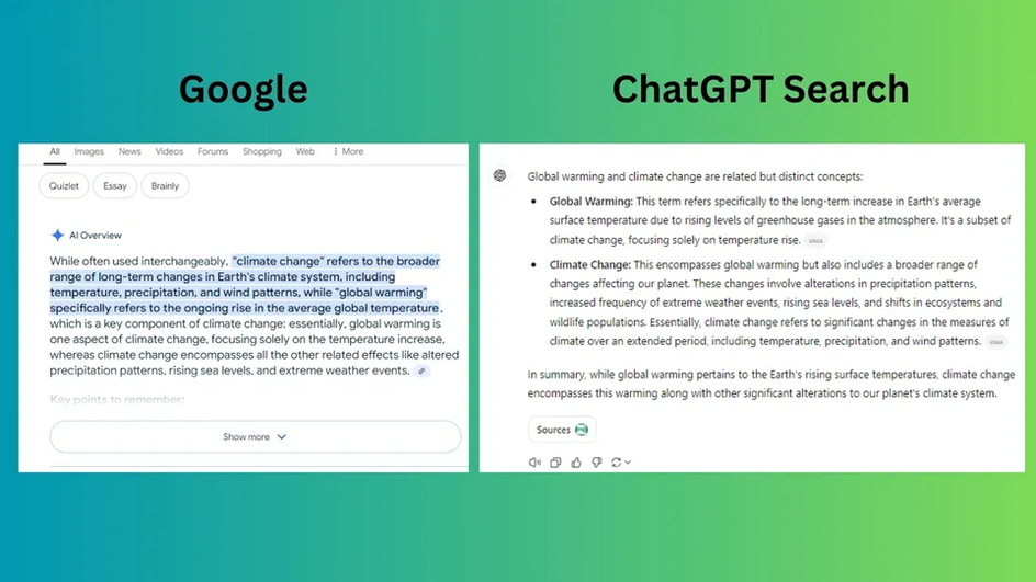 скриншот сравнения результатов работы Google и ChatGPT по конкретике в ответах