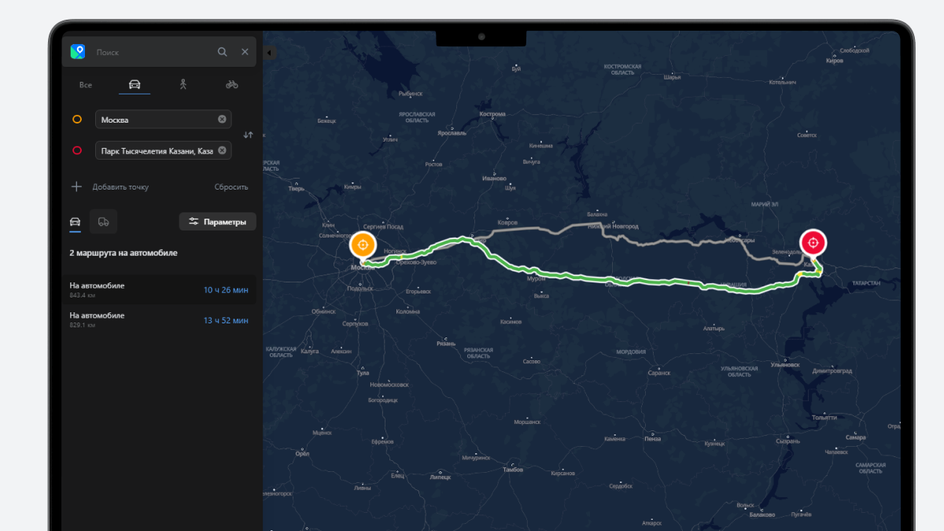 Маршрут в навигаторе Москва-Казань