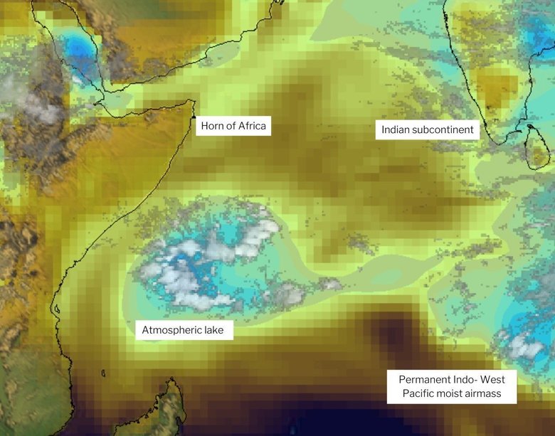 Спутниковые данные Индийского океана показывают образование «атмосферного озера». Фото: Brian Mapes / NOAA ERA-Interim reanalysis data set