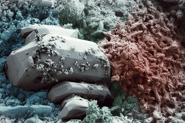 Цветное изображение самовосстанавливающегося бетона BioFiber создано с помощью сканирующего электронного микроскопа. Фото: Drexel University