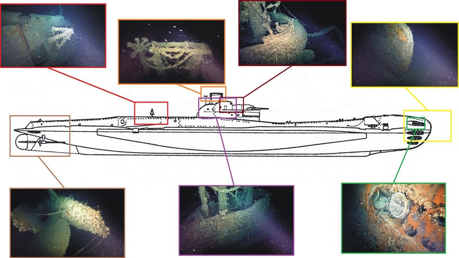 Обнаруженные фрагменты подлодки HMS Trooper.