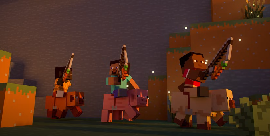 Скриншот из трейлера Minecraft с тремя персонажами Скриншот из трейлера Minecraft с тремя персонажами