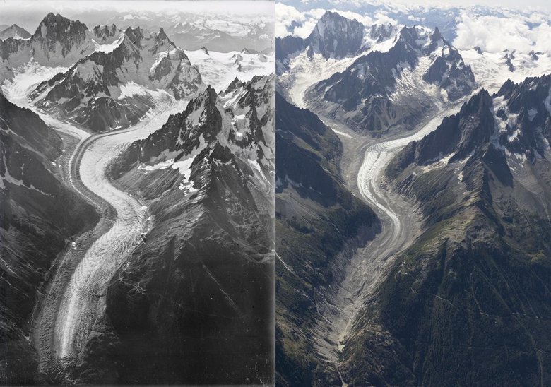 Ледник Мер де Глас в 1919 (слева) и 2019 годах. Фото: Walter Mittelholzer, ETH-Bibliothek Zürich / Dr Kieran Baxter, University of Dundee
