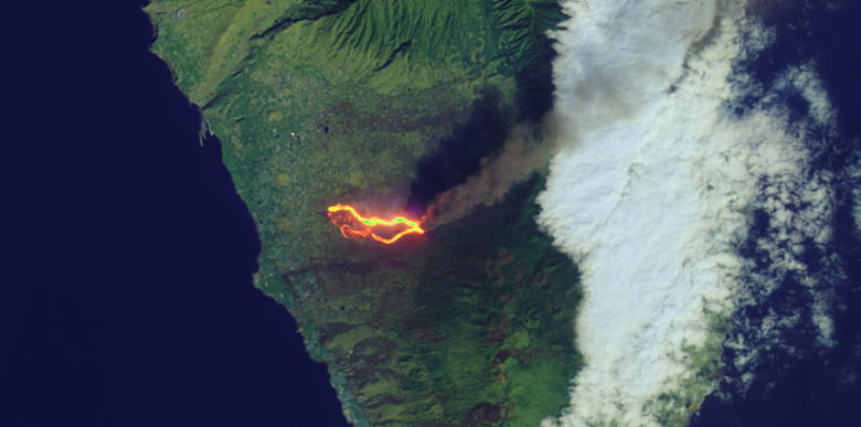 Извержение вулкана на острове Пальма в Испании в сентябре 2021 года. Путь лавы запечатлел тепловизор (OLI), закрепленный на спутнике Landsat-8. Фото: NASA