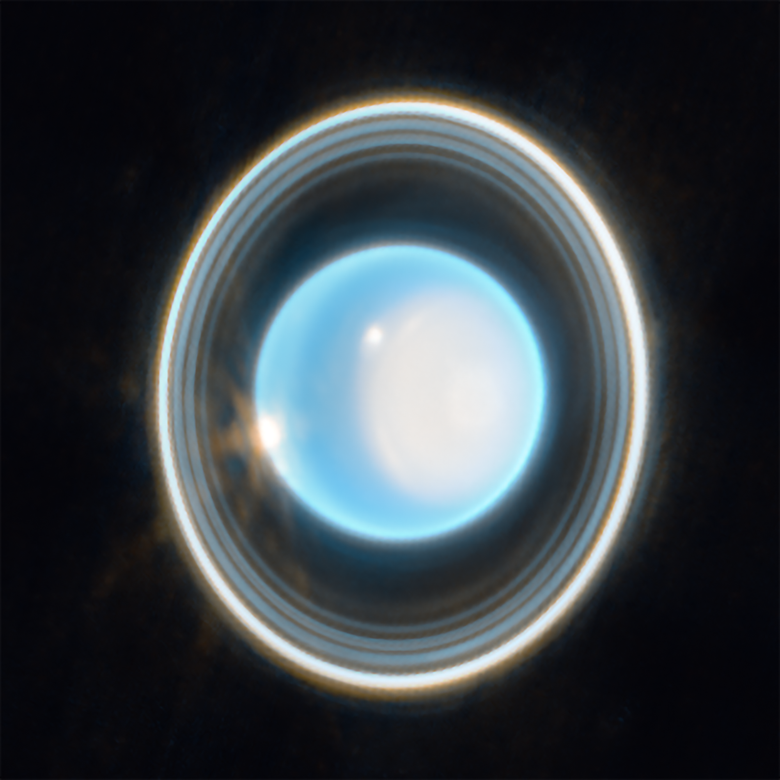 На этом увеличенном фото Урана, полученном камерой «Джеймса Уэбба» в ближнем инфракрасном диапазоне (NIRCam), показаны потрясающие виды колец планеты. Источник: NASA