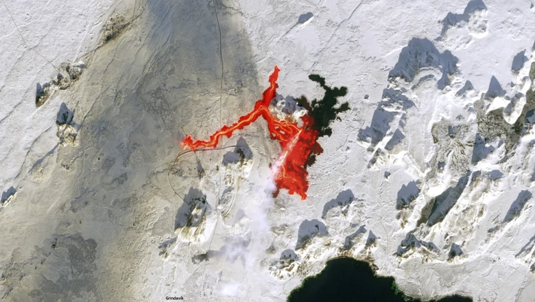 Поток лавы выглядит как кровь. Снимок сделан 8 февраля. Фото: European Union, Copernicus Sentinel-2