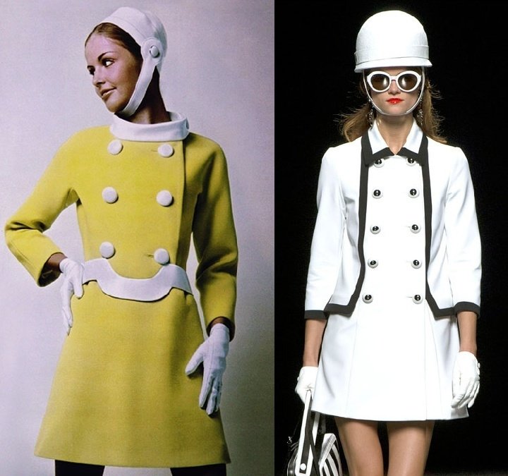 Творения Кардена до сих пор не дают покоя современным дизайнерам и вдохновляют их на схожие по духу коллекции: слева - коллекция Pierre Cardin 60-х годов, справа - коллекция весна-лето 2013 Moschino