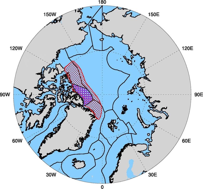 Северный Ледовитый океан и его «Последняя ледяна зона» (обведена красным), к северу от Гренландии и Канадского Арктического архипелага. Фиолетовым заштрихована часть охраняемой Канадой территории. Черными линиями обозначены экономические зоны арктических государств. Фото: Newton et al., Earth’s Future, 2021