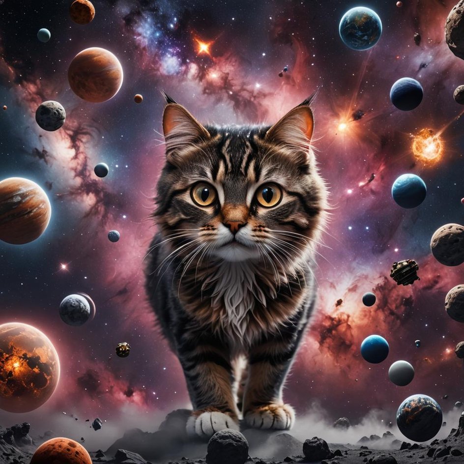 Кот в космосе, сгенерированный NightCafe AI