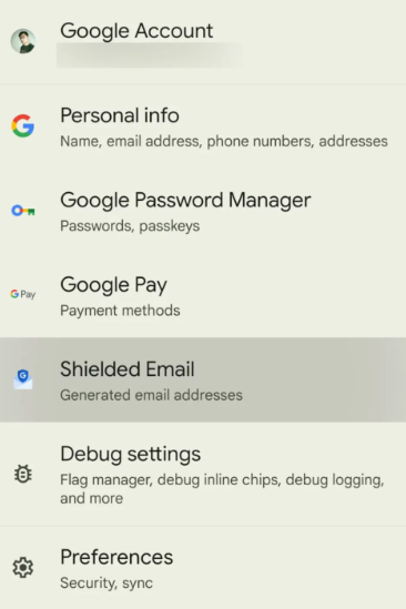 скриншот Shielded Email в меню настроек скриншот Shielded Email в меню настроек