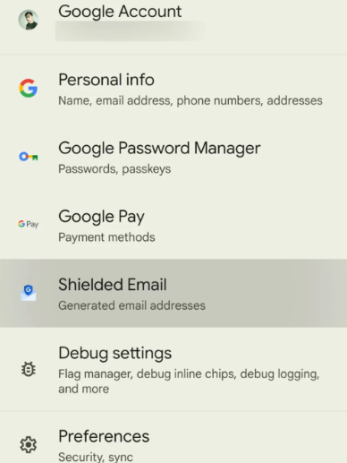 скриншот Shielded Email в меню настроек