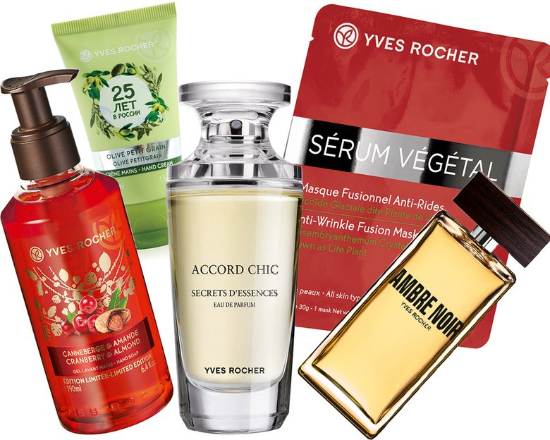 Yves Rocher: мыло Cranberry & Almond; аромат Accord Chic; крем для рук Olive Petitgrane; маска для лица Serum Vegetal; аромат Ambre Noir.