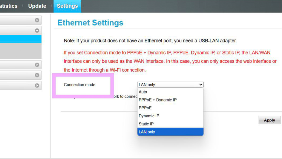 Окно настроек роутера с параметром Ethernet Settings Окно настроек роутера с параметром Ethernet Settings