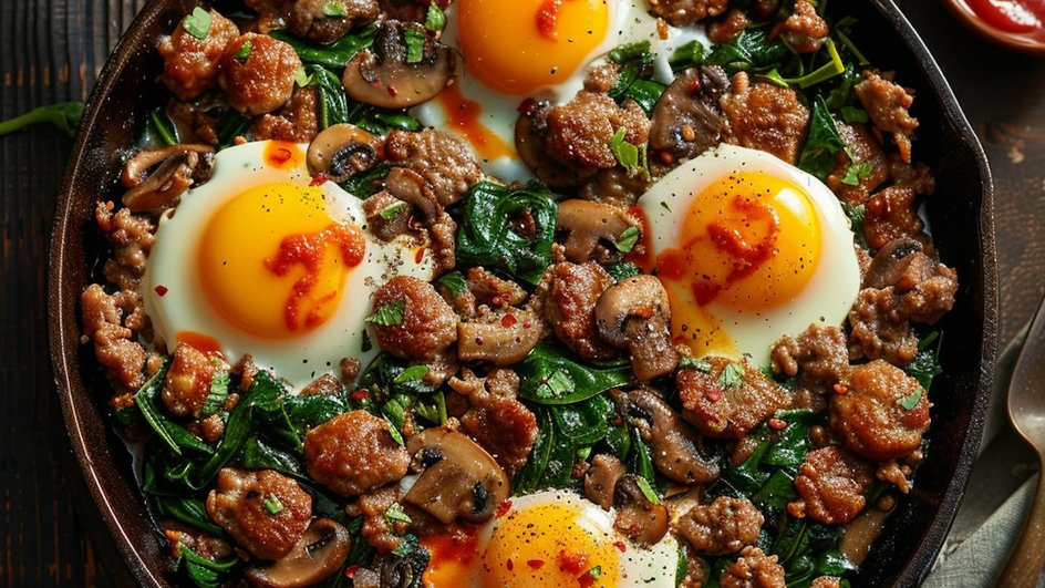 яичница с сосисками и грибами яичница с сосисками и грибами